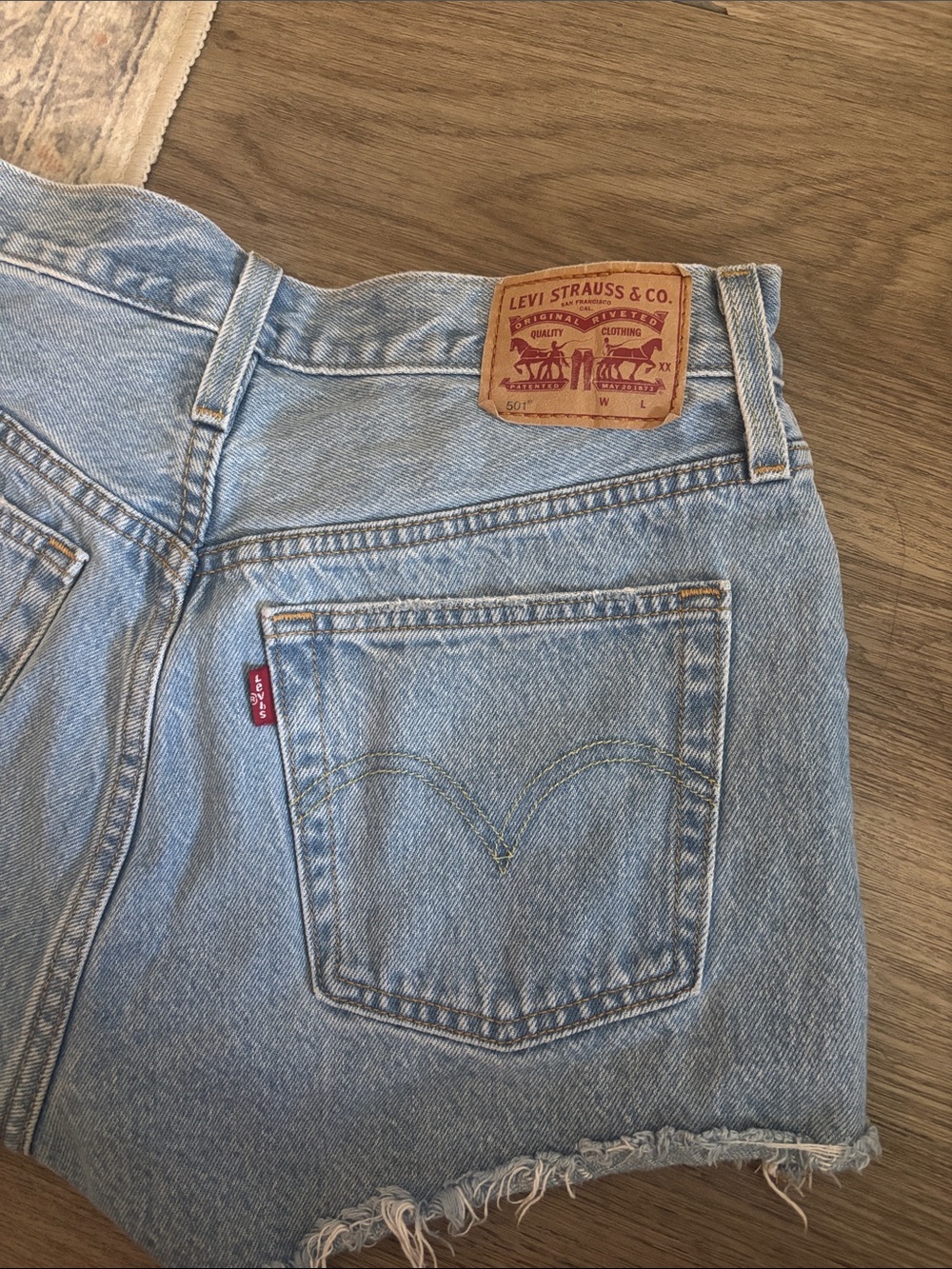 Levi's Light Blue High-Rise Frayed Denim Shorts - Picture 6 of 7